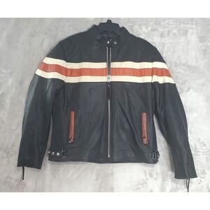Interstate Leather Jacket Black Biker Womens Size XL Orange White Racing Stripes